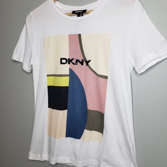 DKNY Sequined Logo Graphic Cotton T-Shirt Women's Size Small *Defect-see desc - Picture 7 of 15